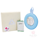 Sopraculla Santa Rita Argento Bilaminato ✨ Giostrina Religiosa per Culla Neonato Azzurro