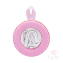 Sopraculla Santa Rita Argento Bilaminato ✨ Giostrina Religiosa per Culla Neonato Rosa