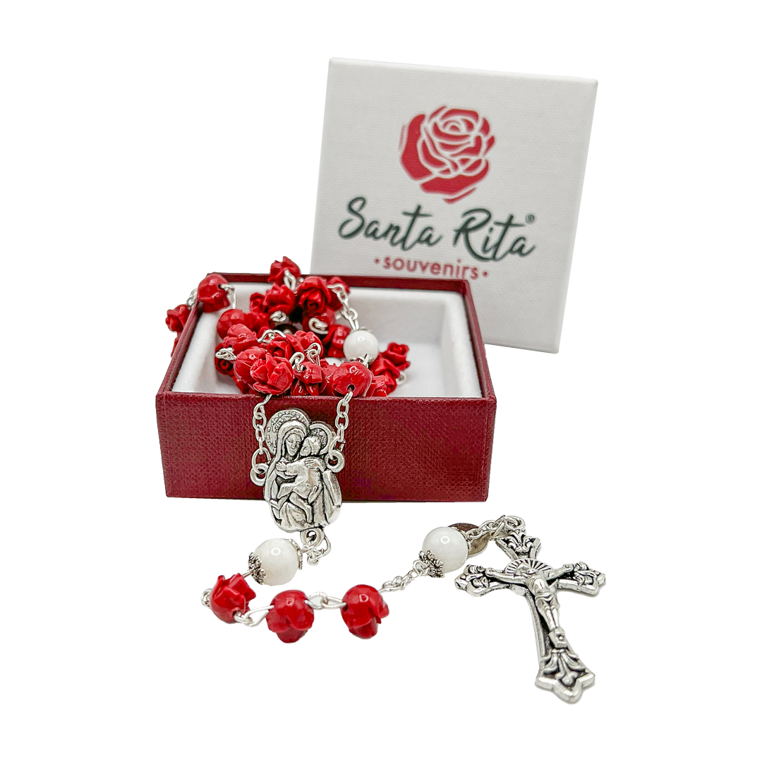 Rosario con grani a forma di rosa rossa