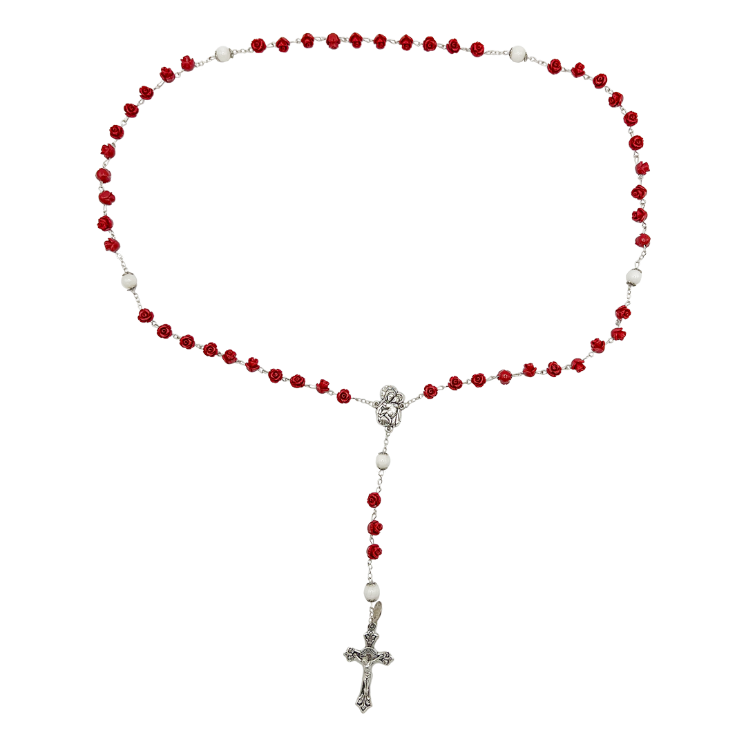 Rosario con grani a forma di rosa rossa