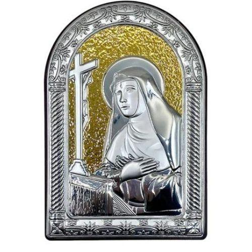 Quadro legno con placca argento 925 santa rita sfondo oro