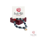 Bracciale Elastico Santa Rita con Grani in Pietra Grigia,Rosa in Pasta di Corallo e Medaglia 🌹