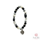 Bracciale Elastico Santa Rita con Grani in Aulite e Ossidiana con Zirconi e Medaglia Due Facce 🌹