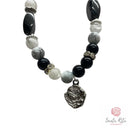 Bracciale Elastico Santa Rita con Grani in Aulite e Ossidiana con Zirconi e Medaglia Due Facce 🌹