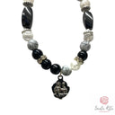 Bracciale Elastico Santa Rita con Grani in Aulite e Ossidiana con Zirconi e Medaglia Due Facce 🌹
