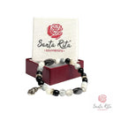 Bracciale Elastico Santa Rita con Grani in Aulite e Ossidiana con Zirconi e Medaglia Due Facce 🌹