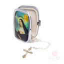 Portarosario in metallo con immagine di Santa Rita + rosario