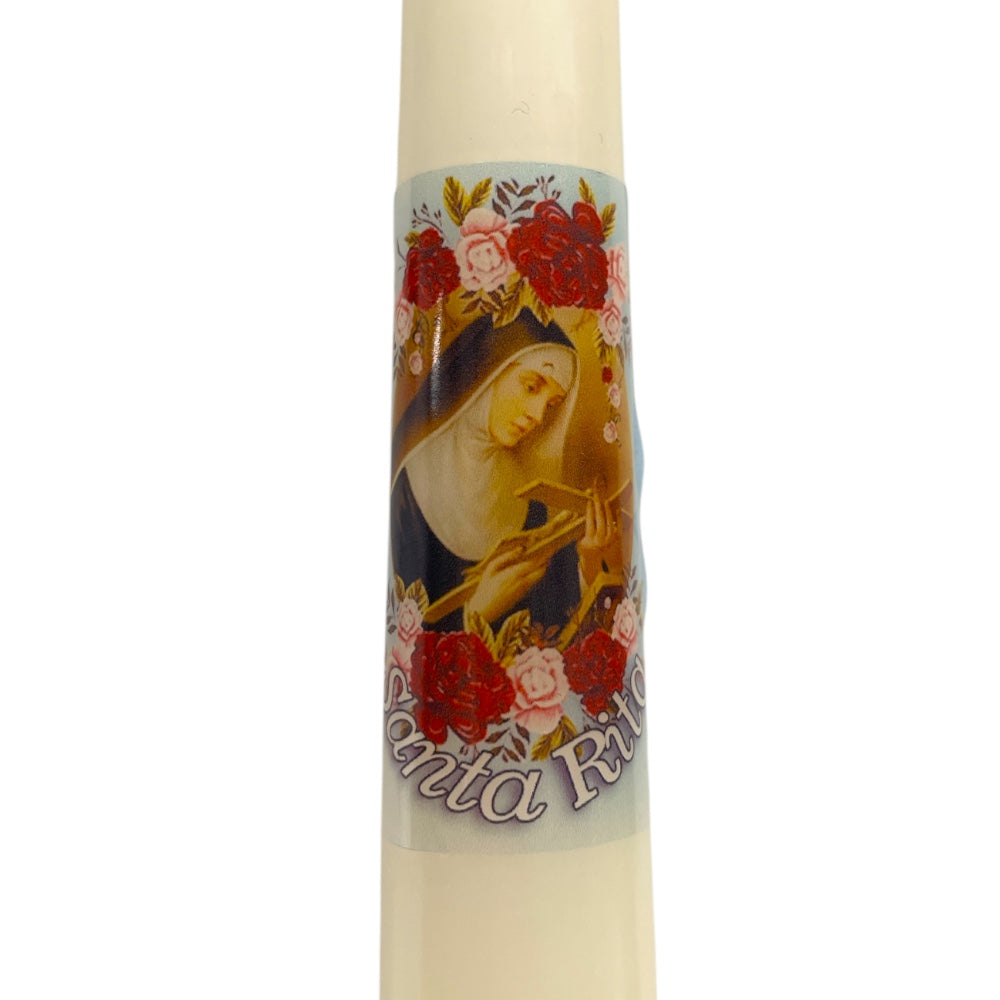Confezione con candela stampata e rosario di Santa Rita fluorescente