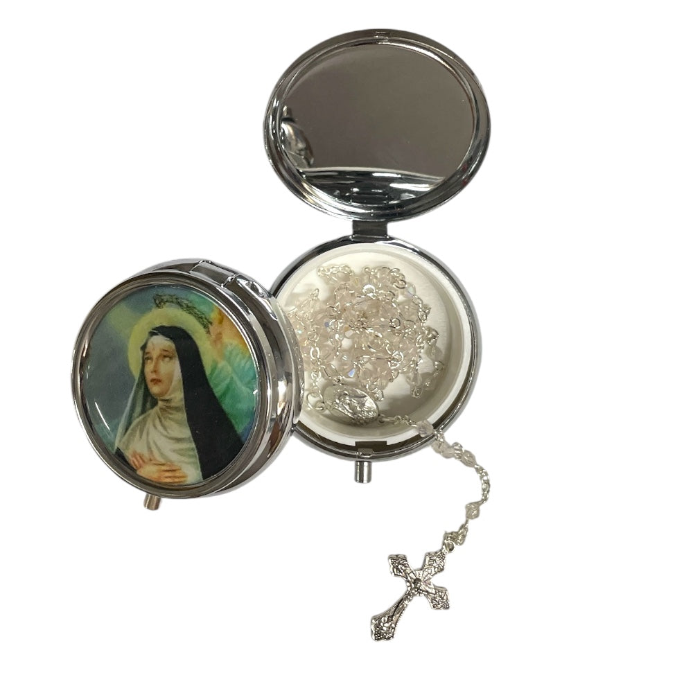 Portarosario in metallo con immagine di Santa Rita + rosario