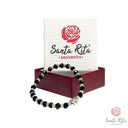 Bracciale Elastico Santa Rita con Grani Neri in Mezzo Cristallo e Medaglia 🌹