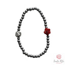 Bracciale Elastico Santa Rita con Grani a Perla in Metallo, Rosa e Medaglia a Rosa 🌹