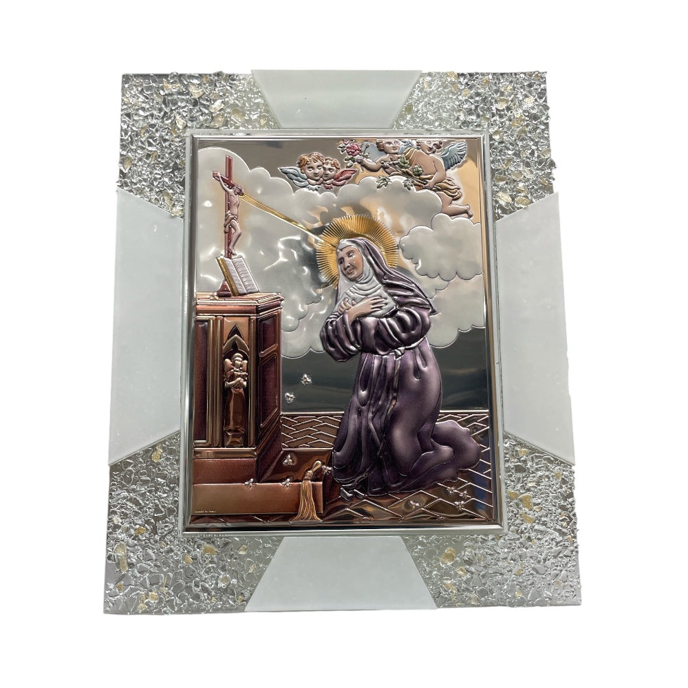 Quadro Santa Rita in vetro Murano bilaminato smalto