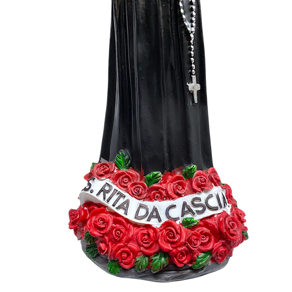 Statua Santa Rita in resina con rose e scritta