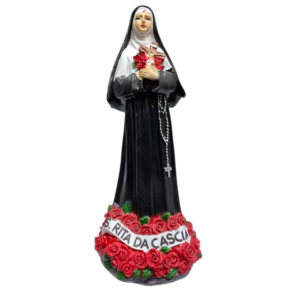 Statua Santa Rita in resina con rose e scritta
