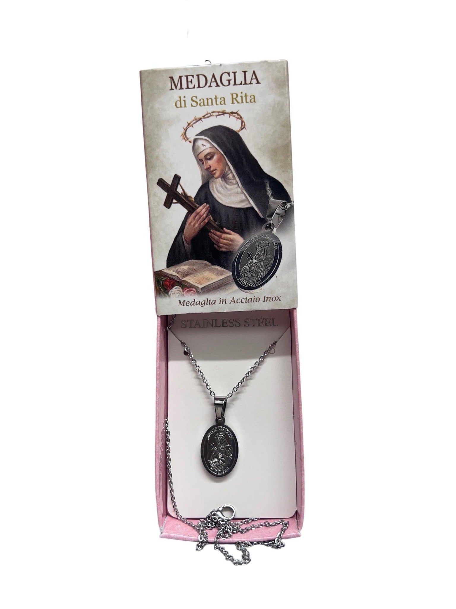 Collana con medaglia in acciaio di santa Rita in box
