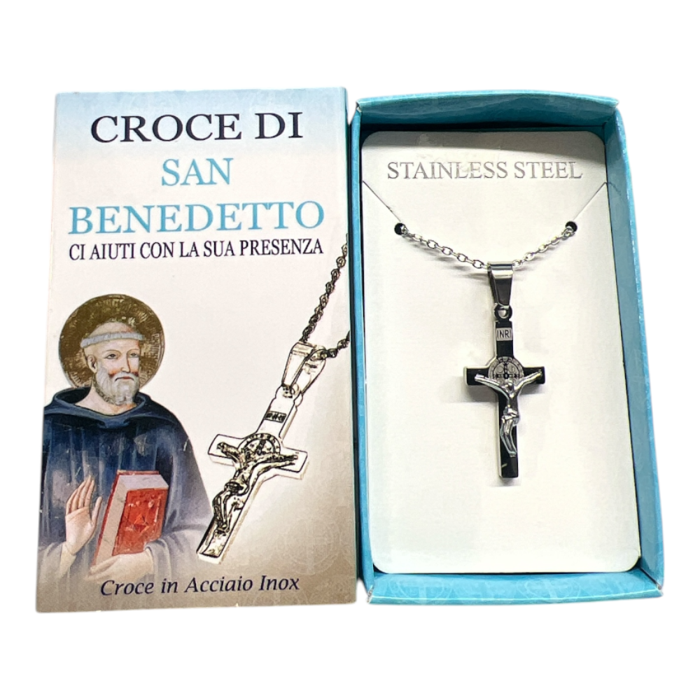 Collana con croce di San Benedetto in acciaio anallergico