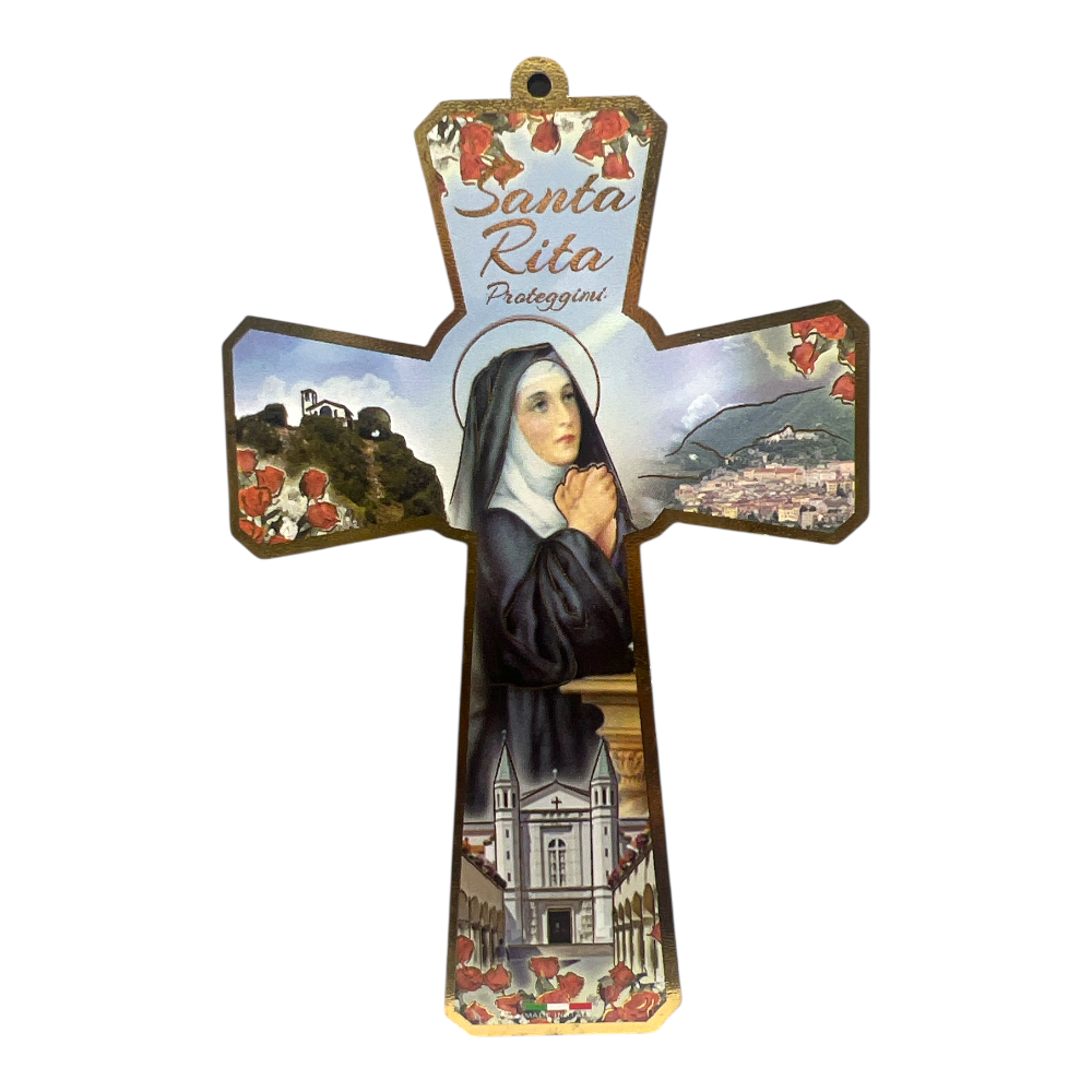 Croce in legno con immagine di Santa Rita e luoghi sacri di Cascia