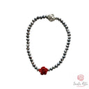 Bracciale Elastico Santa Rita con Grani in Mezzo Cristallo Sfaccettato, Rosa in Pasta di Corallo e Medaglia 🌹