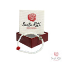 Bracciale Elastico Santa Rita con Grani in Mezzo Cristallo Sfaccettato, Rosa in Pasta di Corallo e Medaglia 🌹