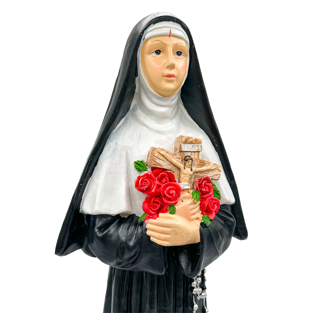 Statua Santa Rita in resina con rose e scritta