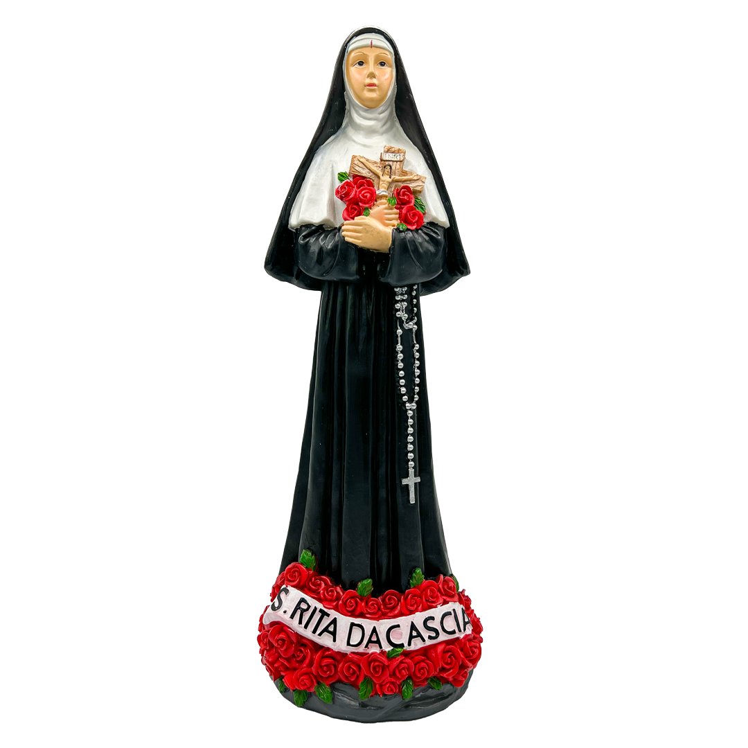 Statua Santa Rita in resina con rose e scritta