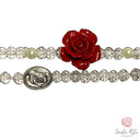 Bracciale Elastico Santa Rita con Grani in Vetro , Rosa in Pasta di Corallo e Medaglia 🌹