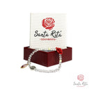 Bracciale Elastico Santa Rita con Grani in Vetro , Rosa in Pasta di Corallo e Medaglia 🌹