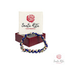 Bracciale Elastico Santa Rita con Grani Blu a Fiori e Medaglia Due Facce Santa Rita e Rosa 🌹