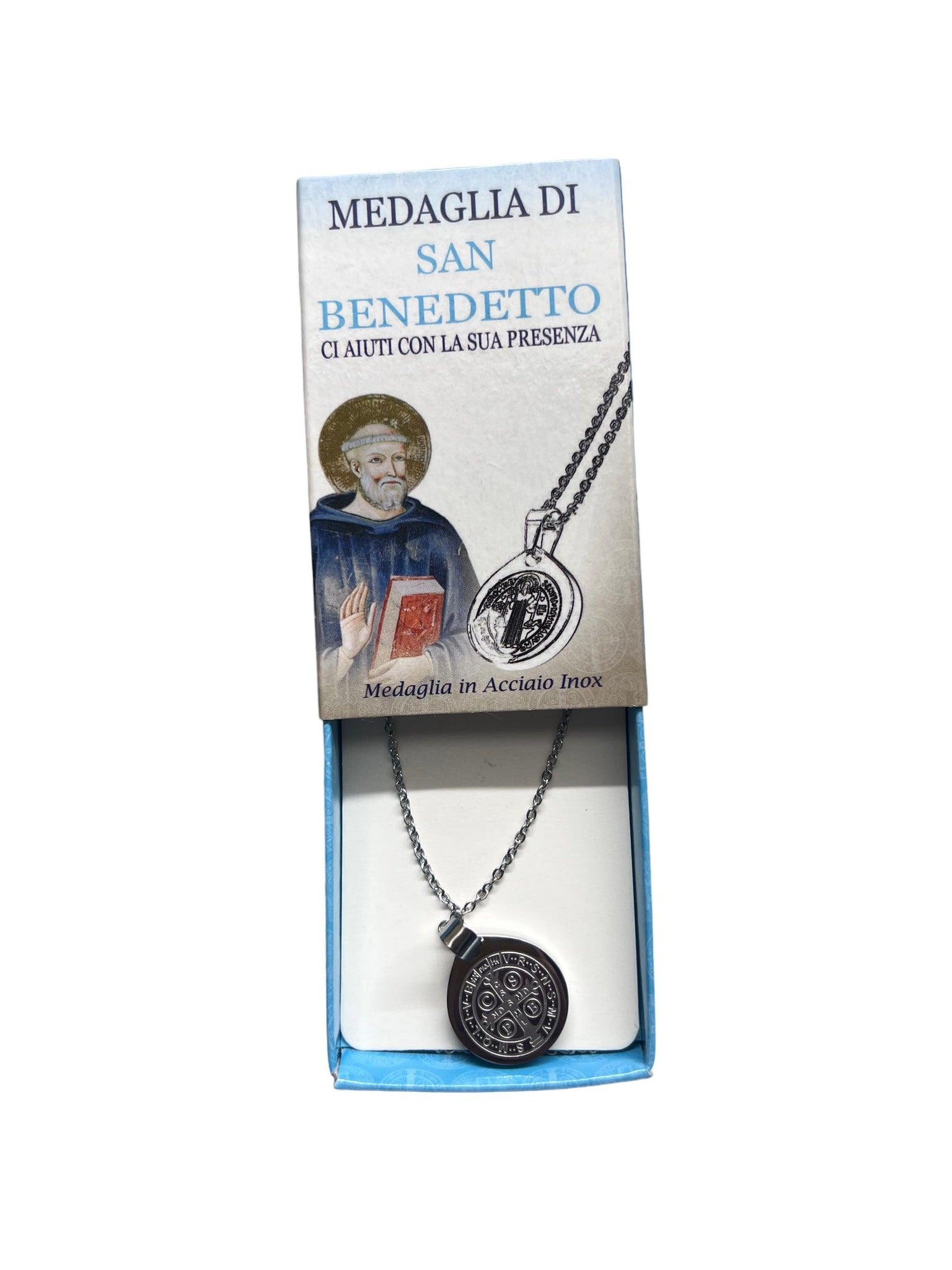 Medaglia San Benedetto con collana maglia classica, in acciaio inox, con confezione litografata