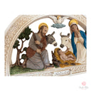 Bassorilievo Santa Rita Souvenirs della Sacra Natività in marmo e resina, dipinto a mano con dettagli ad arco.