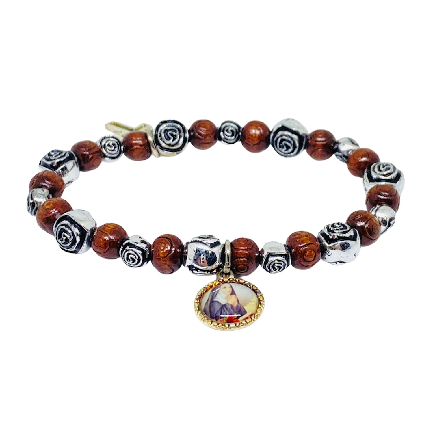 Bracciale elastico con grani in legno e roselline
