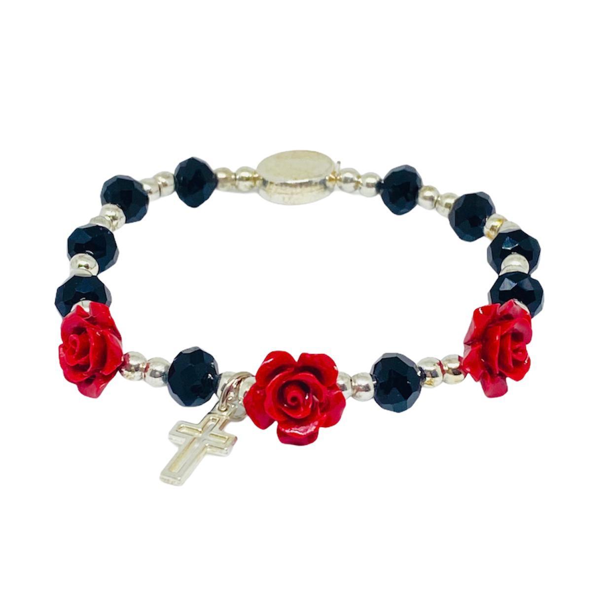 Bracciale elastico grano mezzo cristallo con tre rose